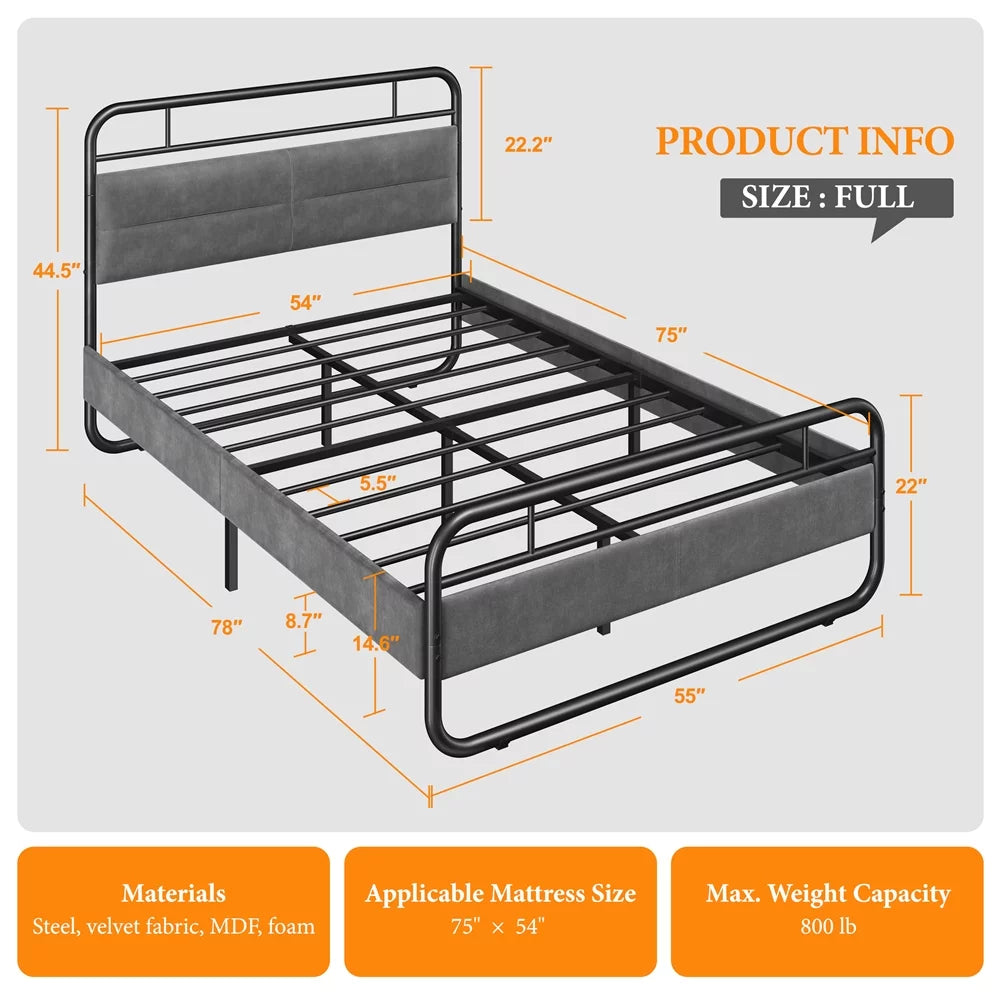 Queen Size Metal Platform Bed with Velvet Upholstered Headboard B812