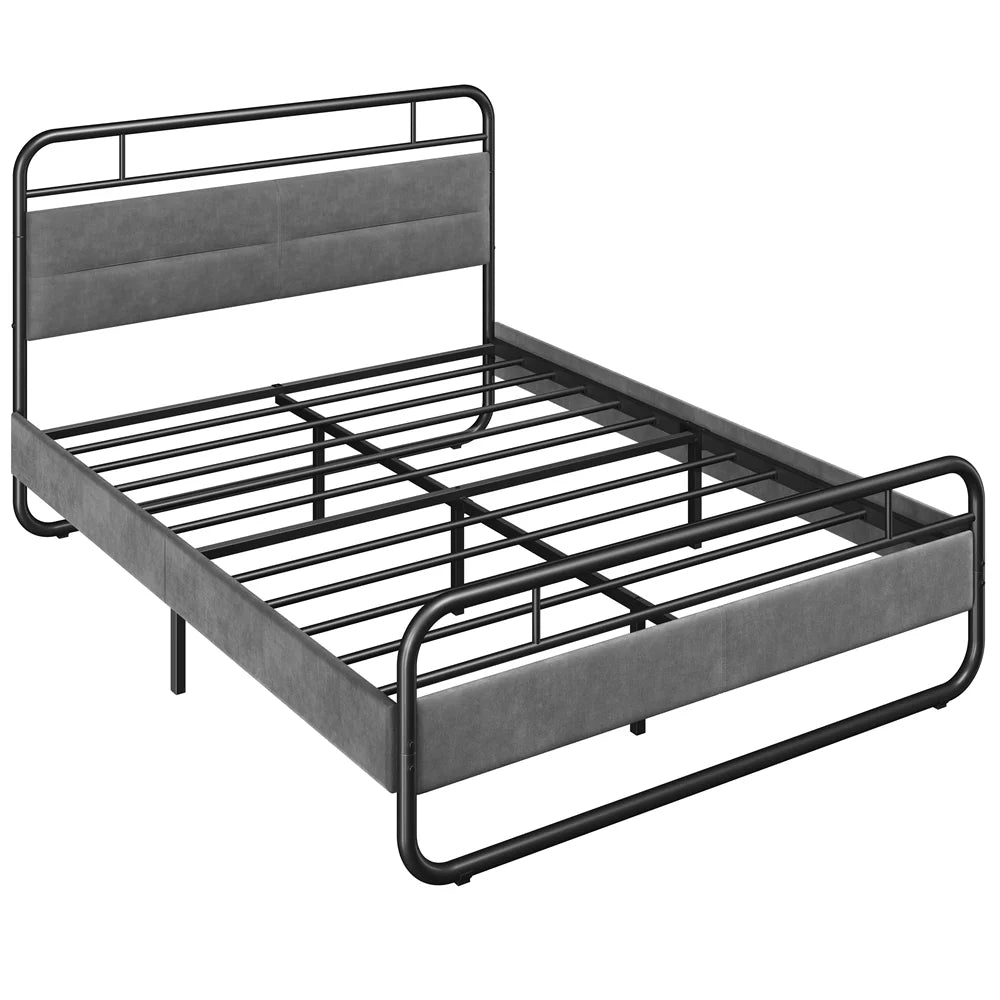 Queen Size Metal Platform Bed with Velvet Upholstered Headboard B812