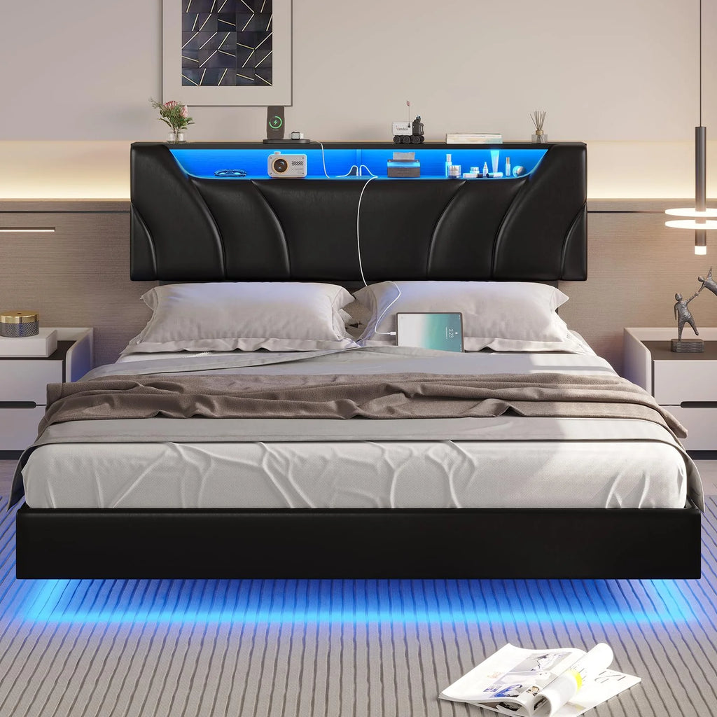 Queen Size Black Upholstered Platform Bed with Storage Headboard U602168