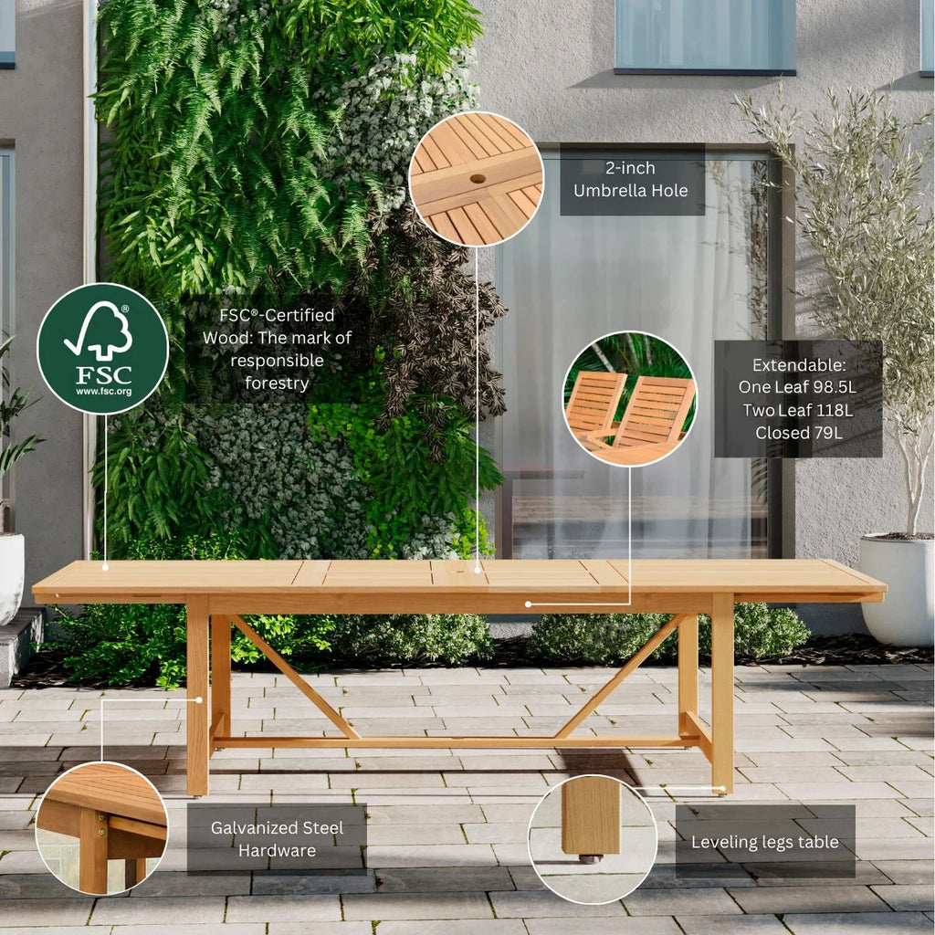 9-Piece Teak Finish Wood Extendable Patio Dining Set P77786