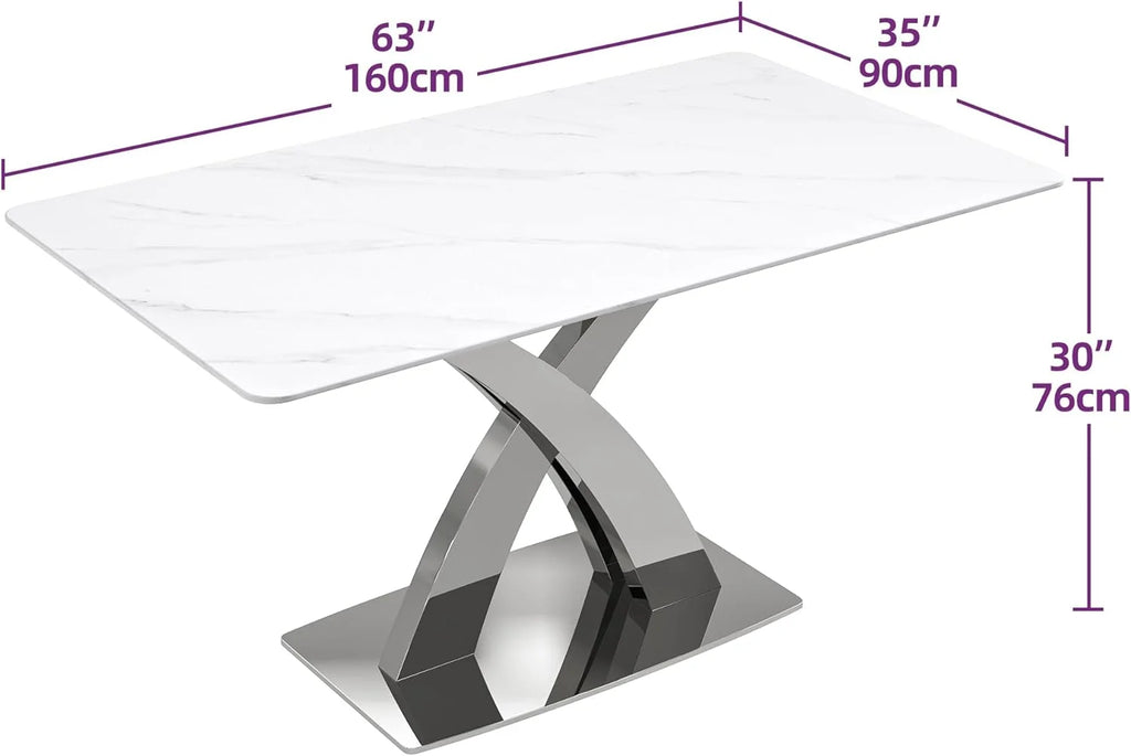 White Sintered Stone Dining Table for 6 with Stainless Steel Base G465219