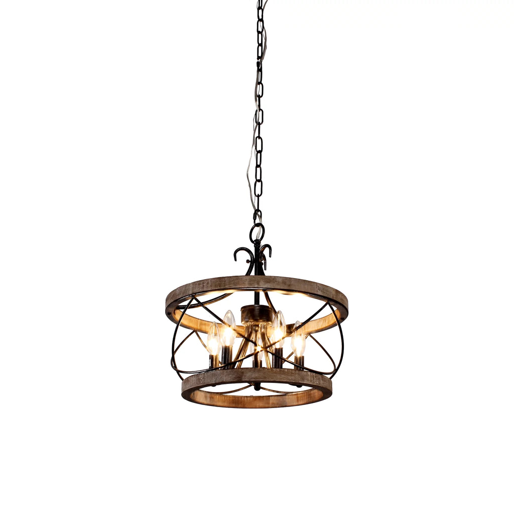 5-Light Rustic Pendant Light Adjustable Height Distressed Wood Caged Chandelier H27470