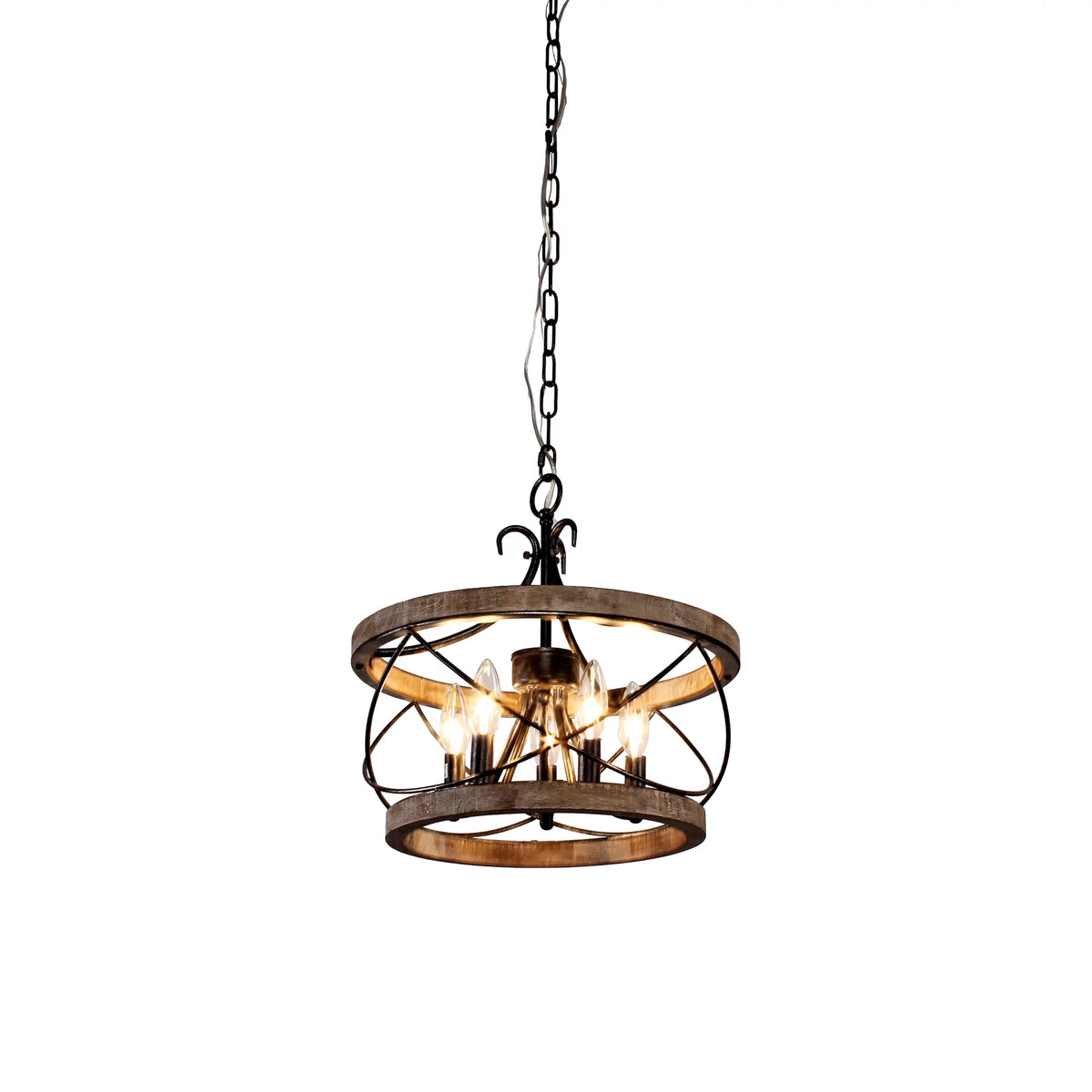5-Light Rustic Pendant Light Adjustable Height Distressed Wood Caged Chandelier H27470