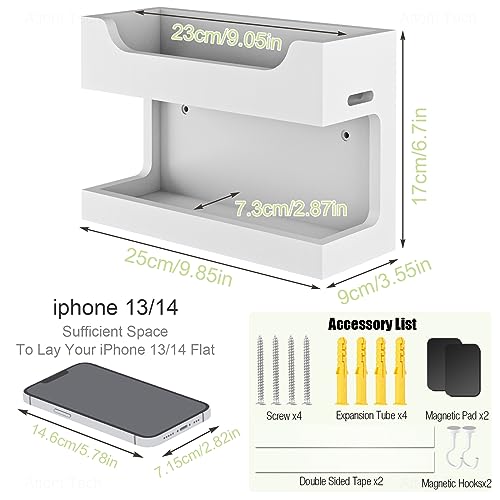 Wall Mounted Wooden Bedside Organizer, Double Tray Storage Shelf Rack with Magnetic Hooks (White) O67248