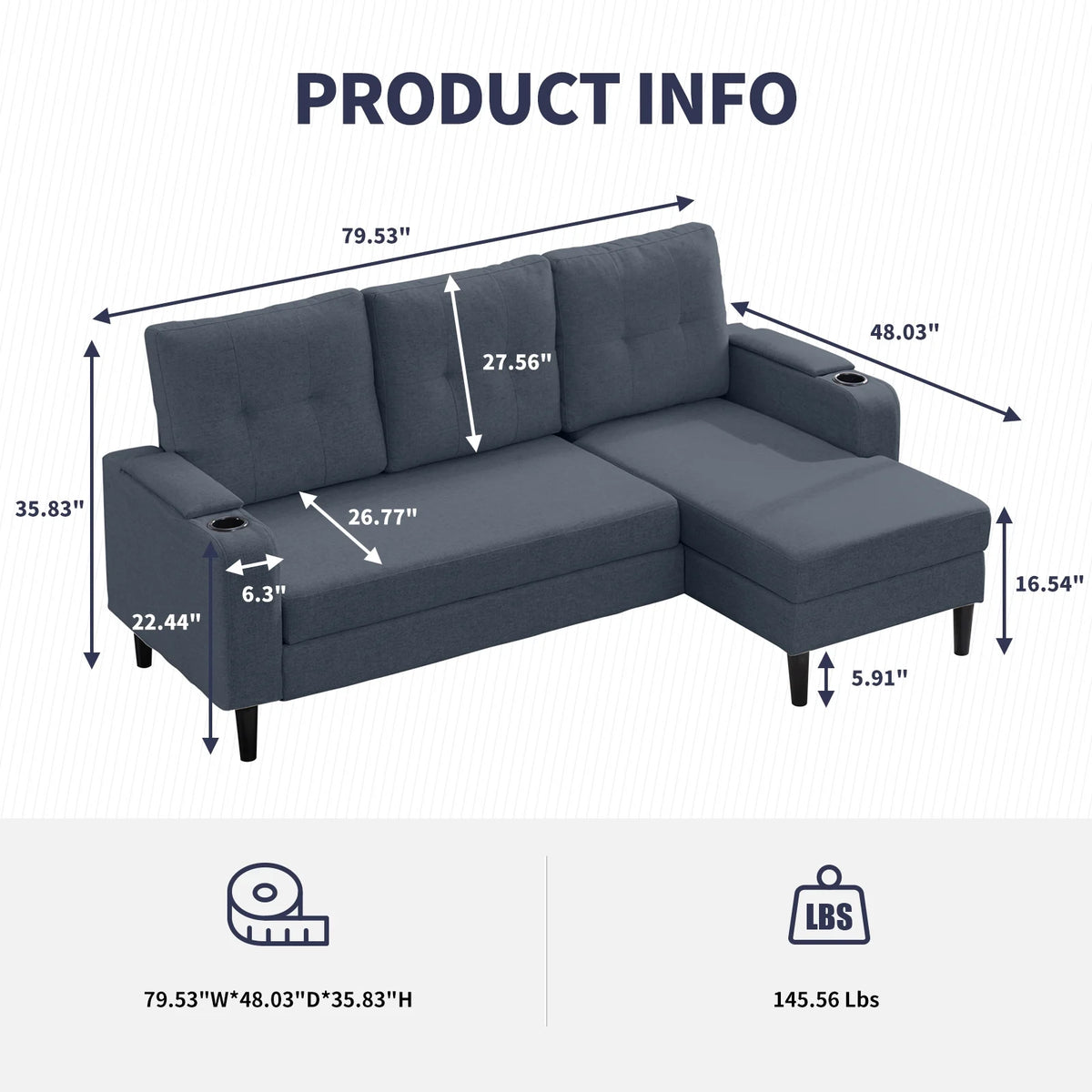 Dark Grey L-Shape Sleeper Sofa with Storage Armrest R769618