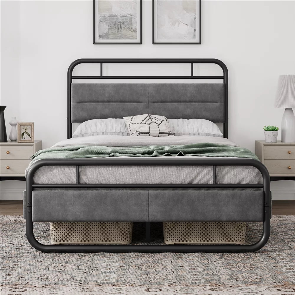 Queen Size Metal Platform Bed with Velvet Upholstered Headboard B812