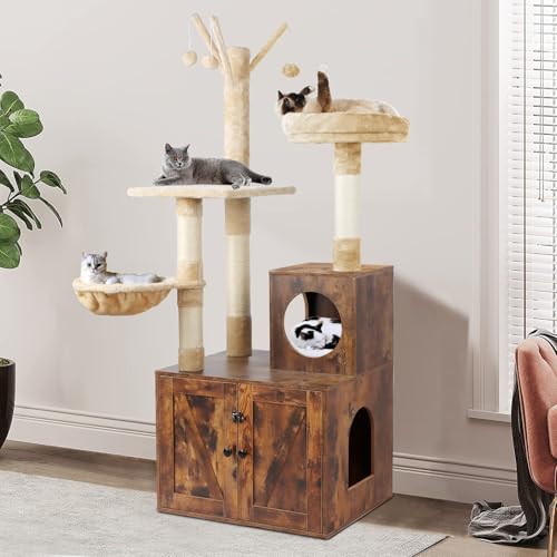 2-in-1 Wooden Cat Tree Tower with Litter Box Enclosure B998