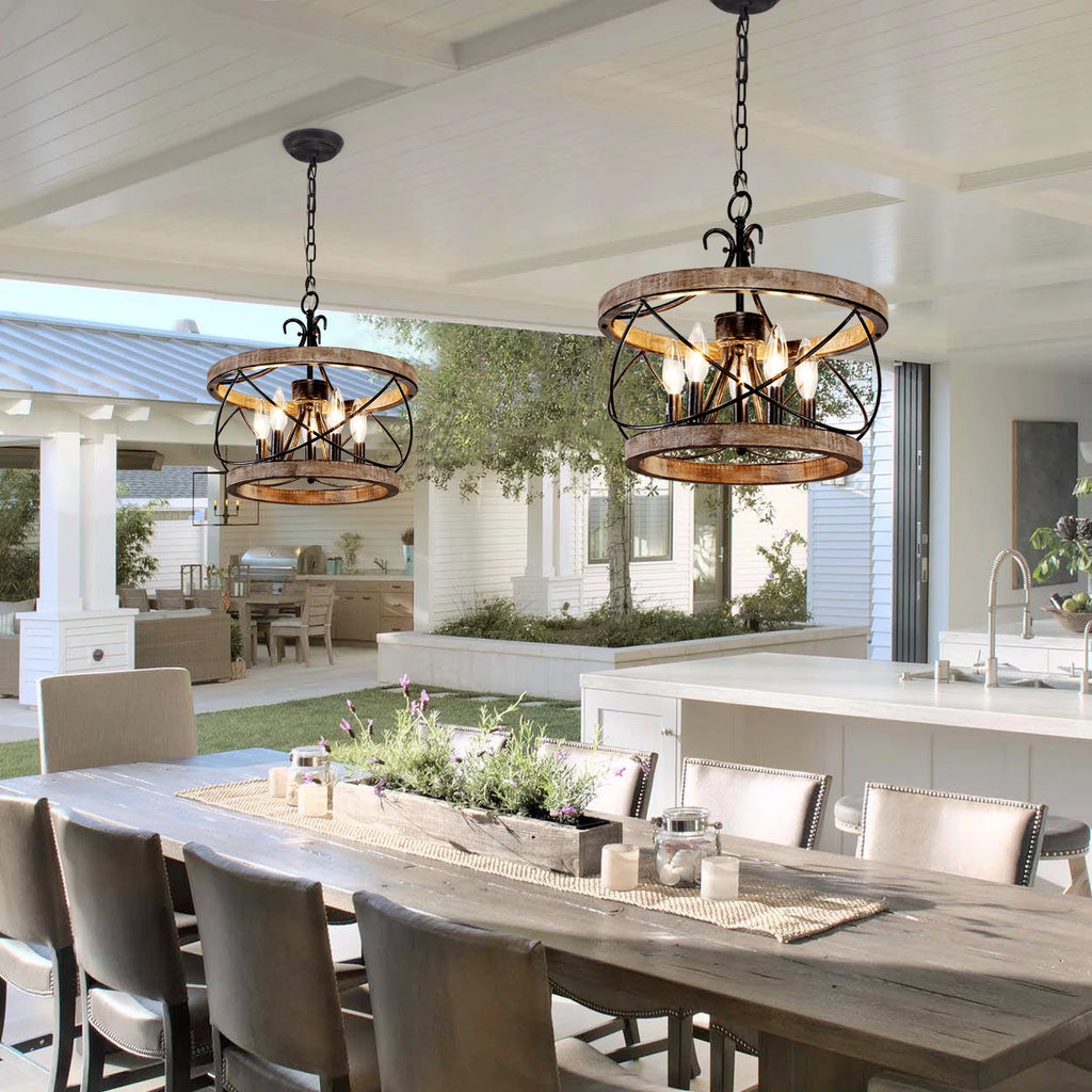 5-Light Rustic Pendant Light Adjustable Height Distressed Wood Caged Chandelier H27470