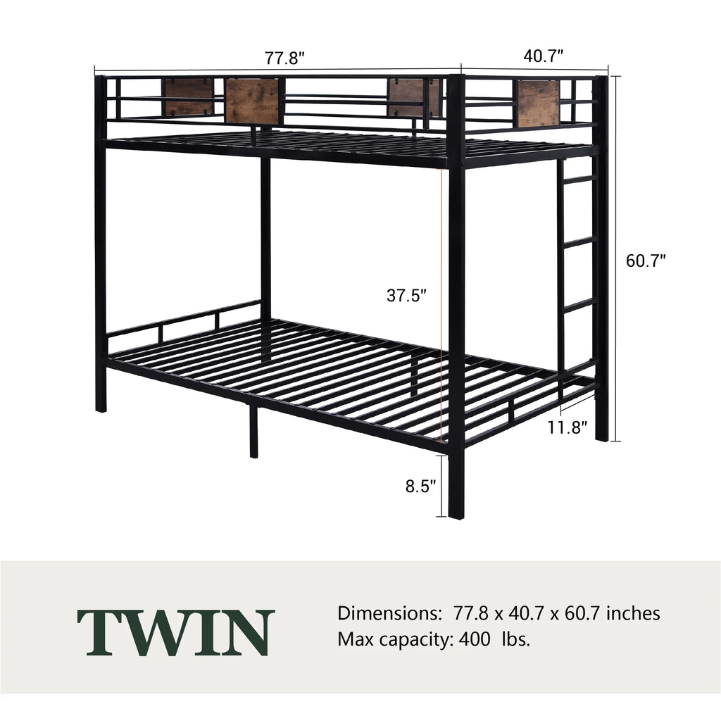 Black Twin Over Twin Metal Bunk Bed Frame with Stairs O93234