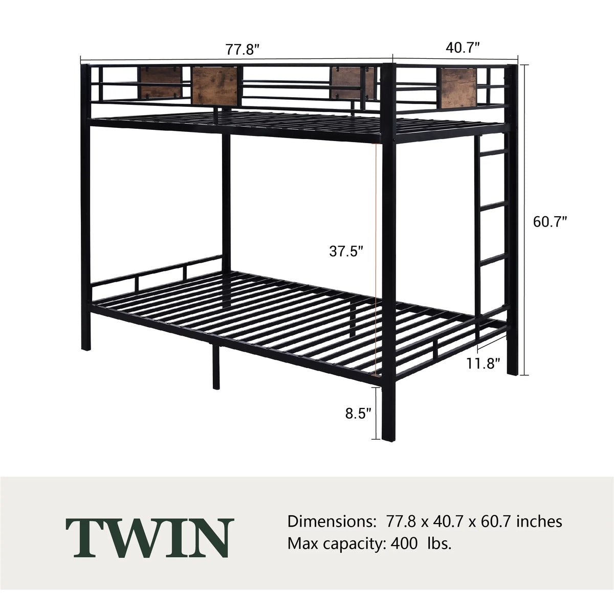 Black Twin Over Twin Metal Bunk Bed Frame with Stairs O93234