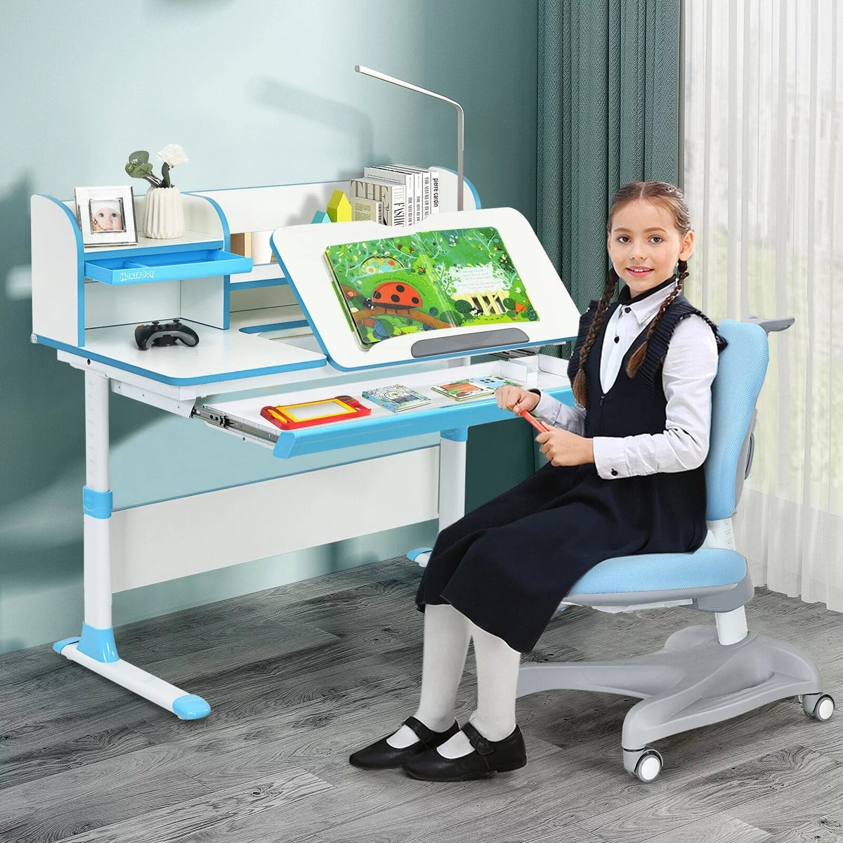 Blue Adjustable Kids Study Desk and Chair Set G3741