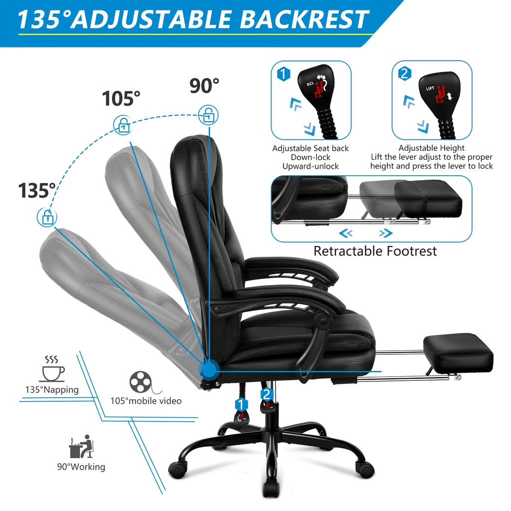 Big and Tall Black Leather Reclining Office Chair with Foot Rest M291