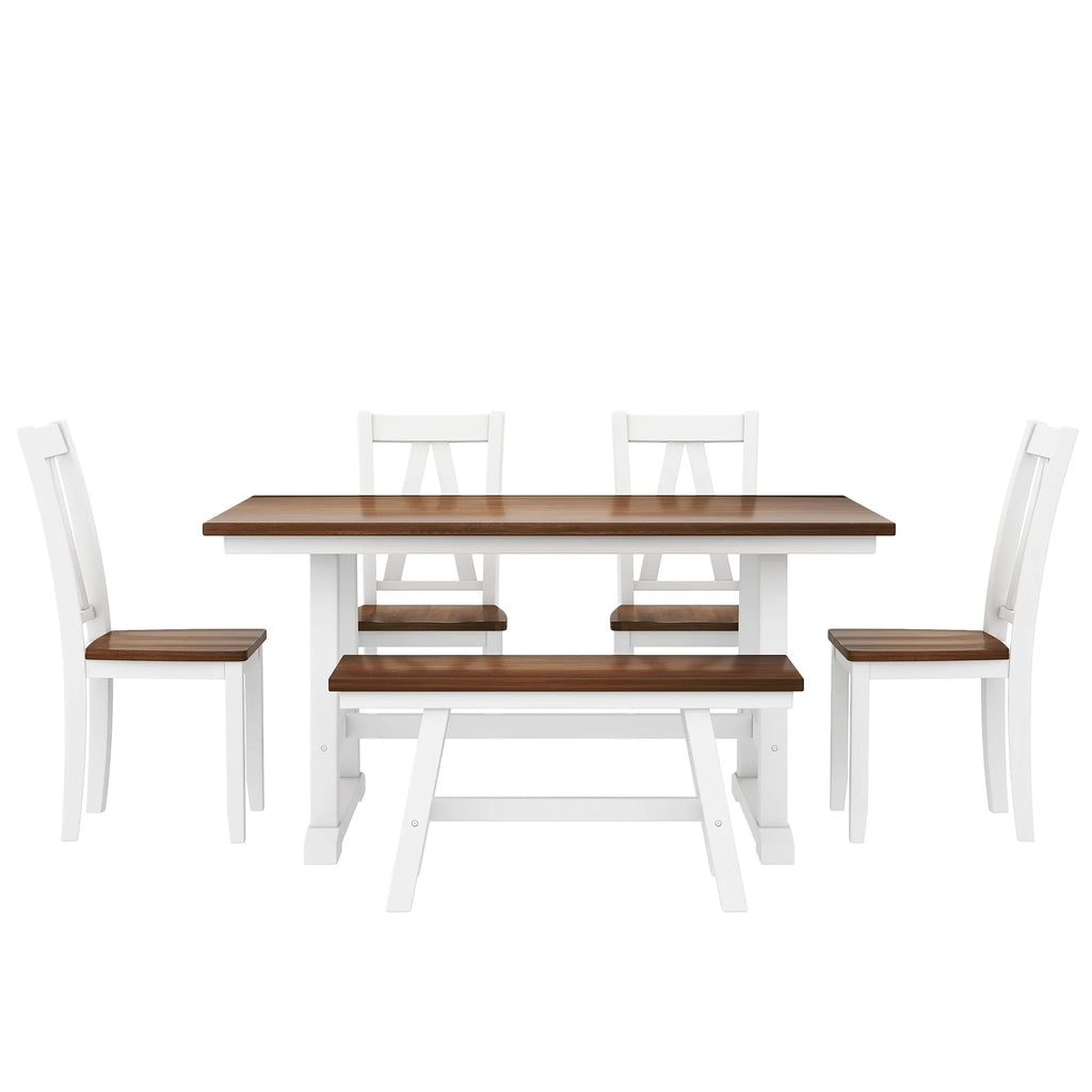 White 6-Piece Wood Dining Table Set with Bench and Chairs J557