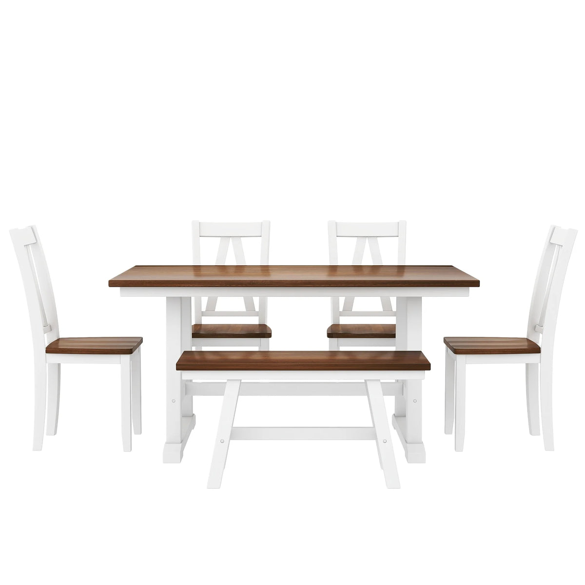 White 6-Piece Wood Dining Table Set with Bench and Chairs J557