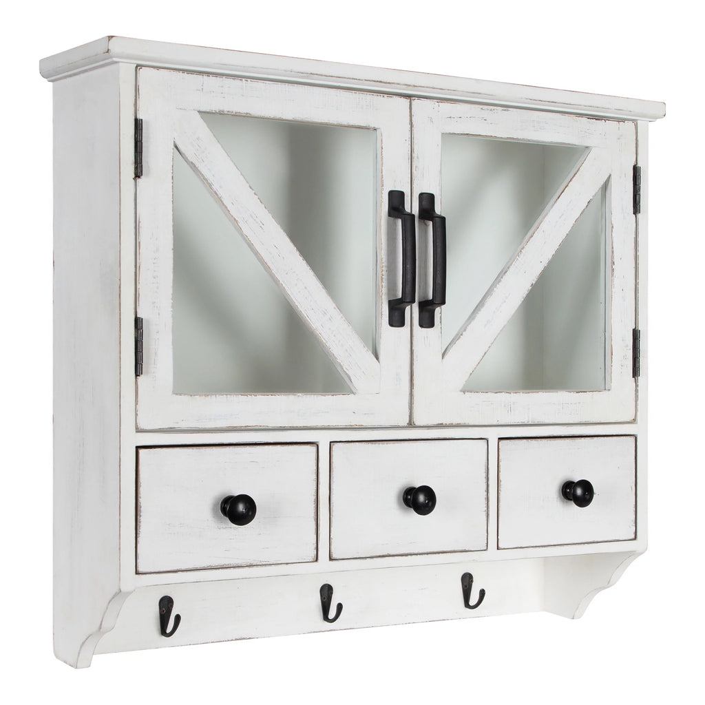 Rustic Wood Wall Cabinet with Magnetic Doors and Three Pull-Out Drawers J775361