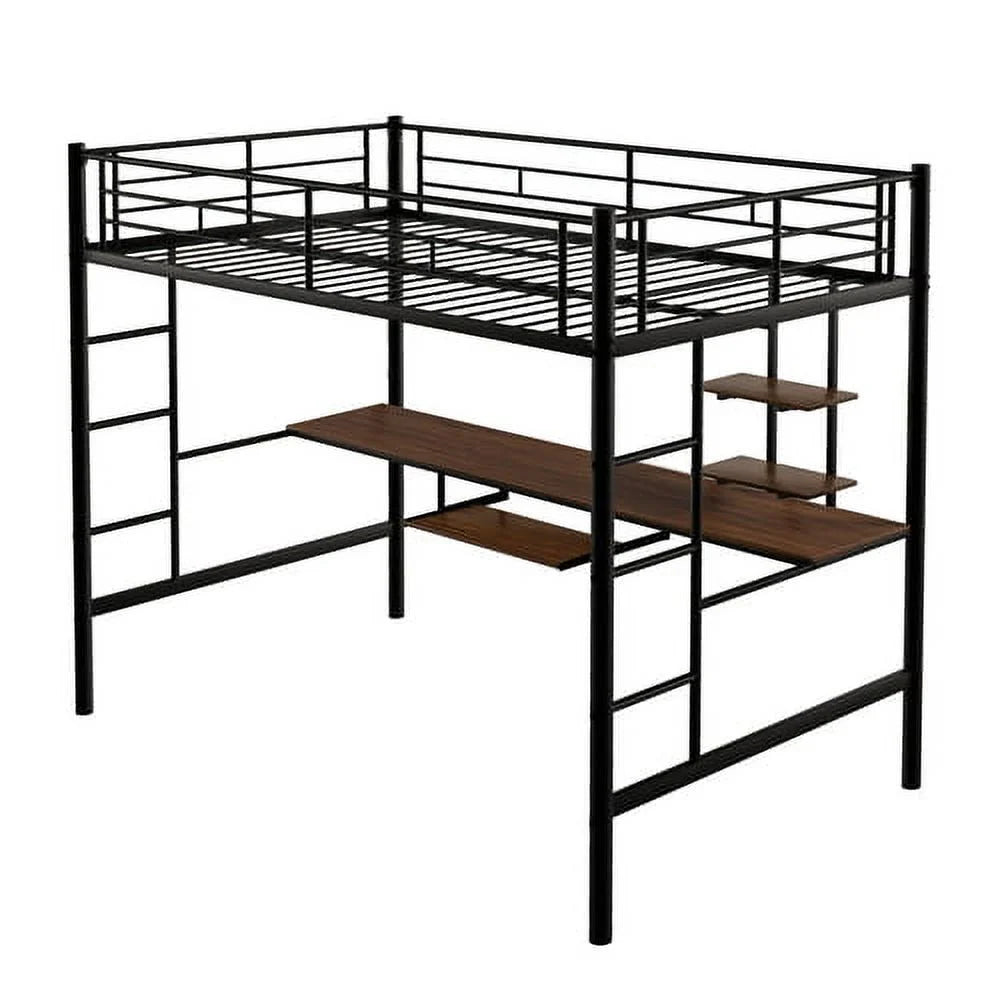 Full Black Loft Bed with Desk and Shelf E203