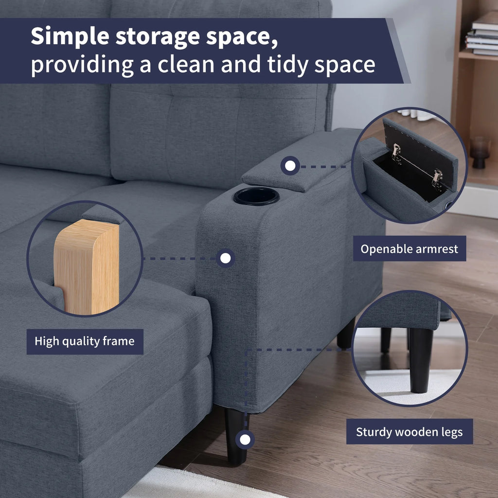 Dark Grey L-Shape Sleeper Sofa with Storage Armrest R769618