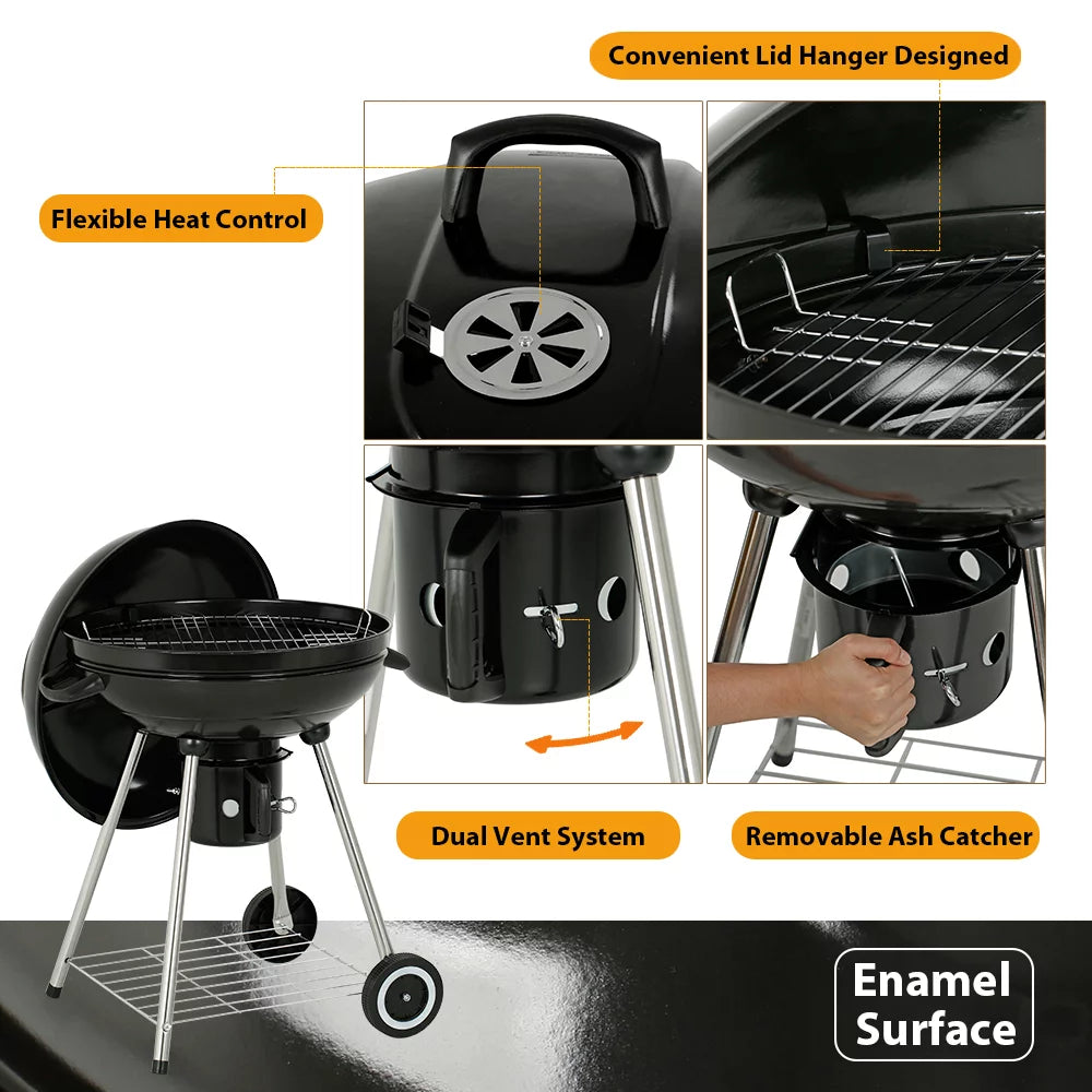 22" Round Portable Charcoal Kettle Grill with 2 Wheels, Black Z2661