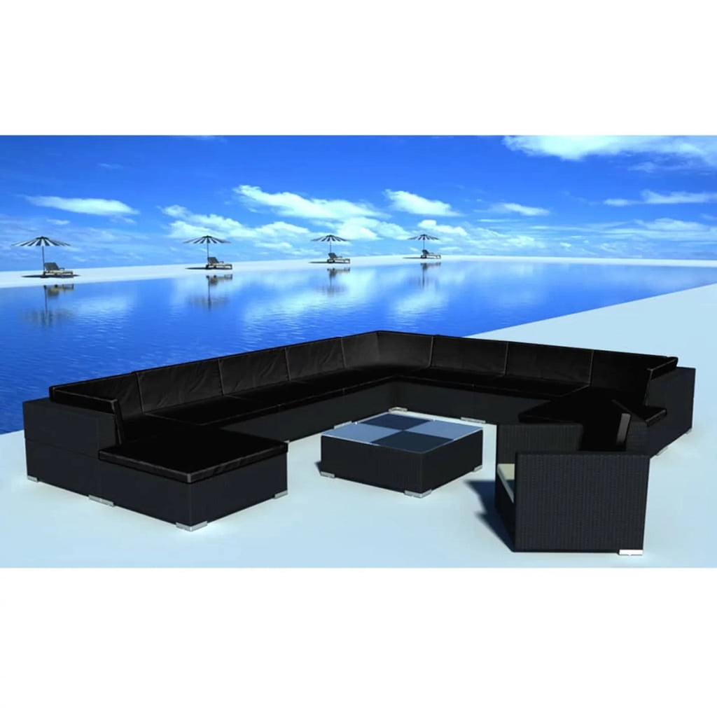 12 Piece Cushioned Patio Conversation Set with Ottomans and Tea Table Black Poly Rattan N3013