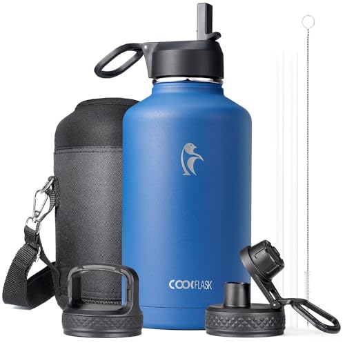 64 oz Insulated Stainless Steel Water Bottle with Straw & 3 Lids J2952