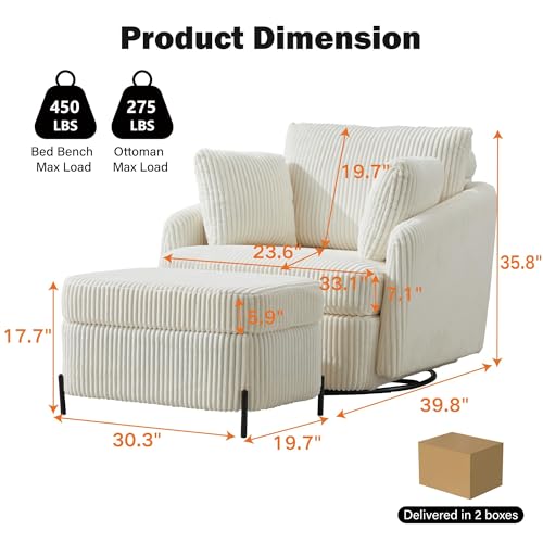 Oversized Swivel Accent Chair with Ottoman, Corduroy, Gray D72676