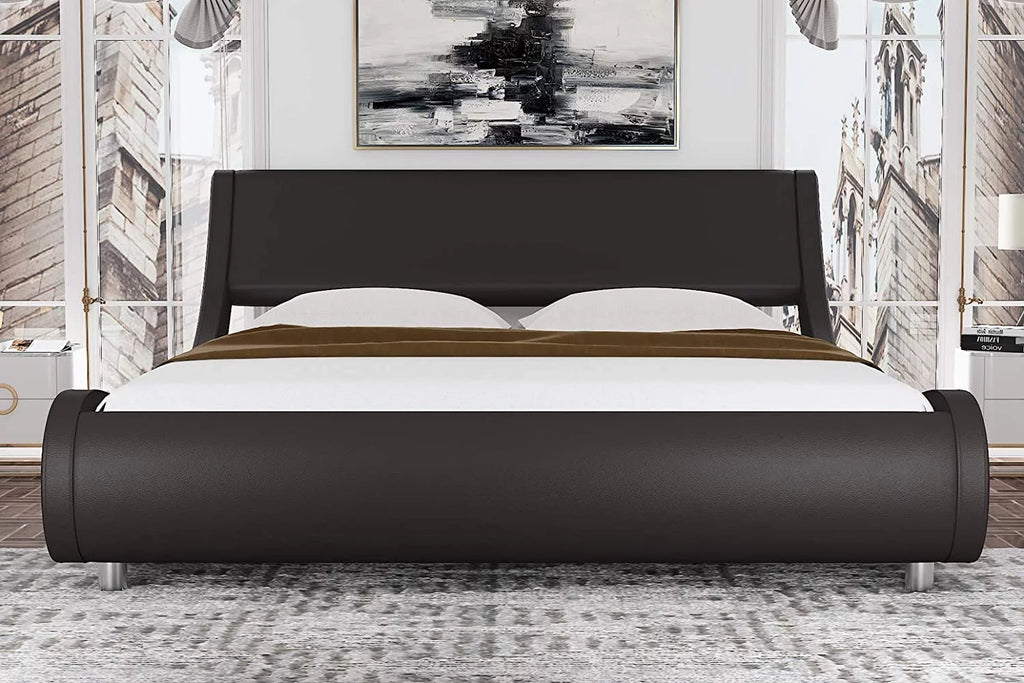 King Size Dark Brown Faux Leather Platform Bed Frame with Adjustable Headboard G3952
