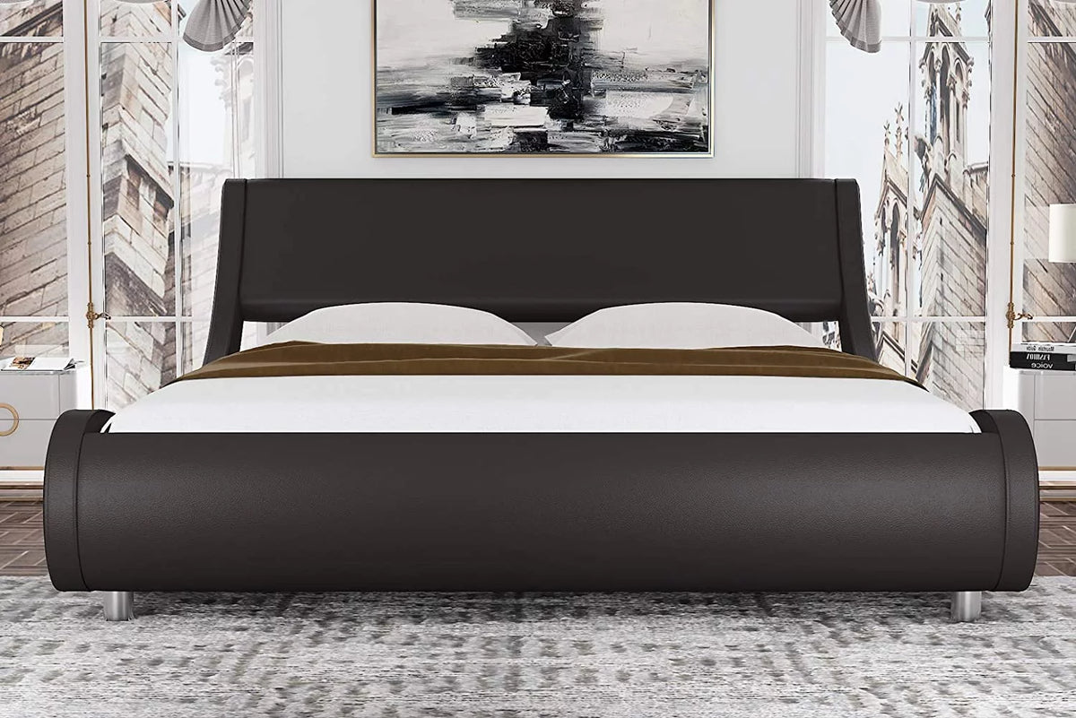King Size Dark Brown Faux Leather Platform Bed Frame with Adjustable Headboard G3952