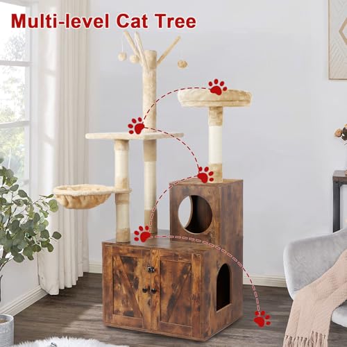 2-in-1 Wooden Cat Tree Tower with Litter Box Enclosure B998