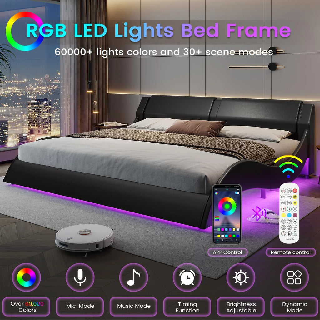 King Size Faux Leather Platform Bed Frame with Headboard and LED Lights C3901