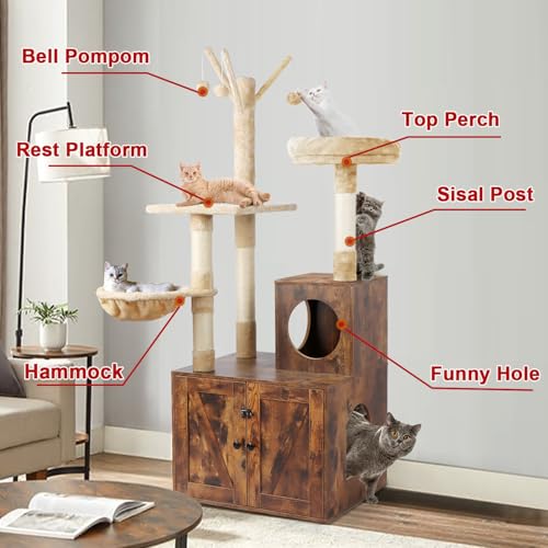 2-in-1 Wooden Cat Tree Tower with Litter Box Enclosure B998