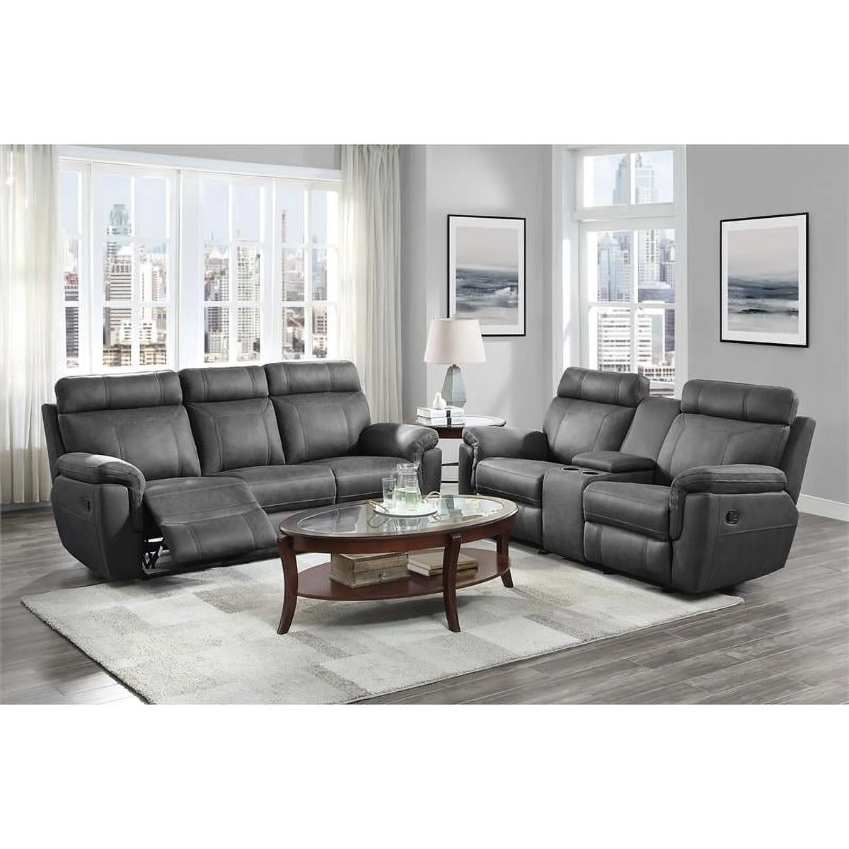 Microfiber Double Reclining Sofa with Cup Holders in Gray H934393