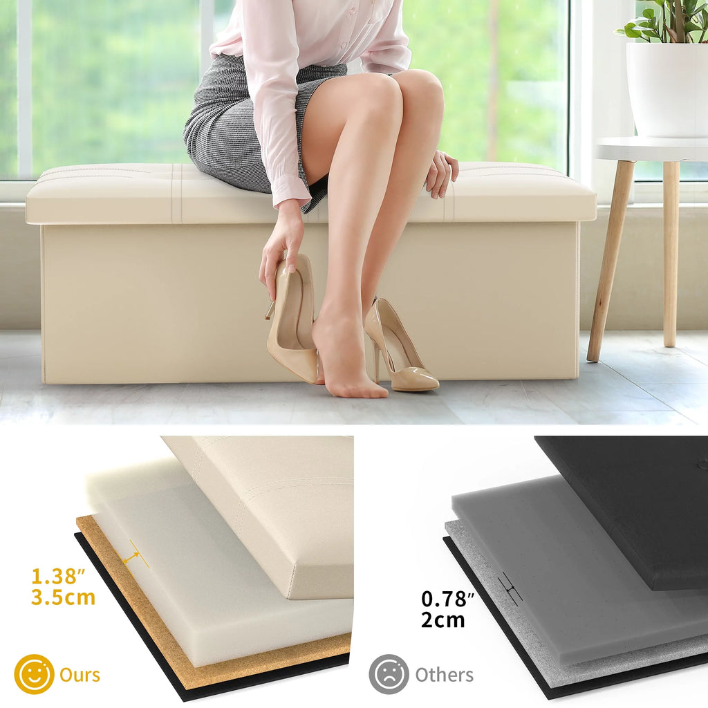 30 Inches Folding Storage Ottoman Bench Faux Leather Beige R86363
