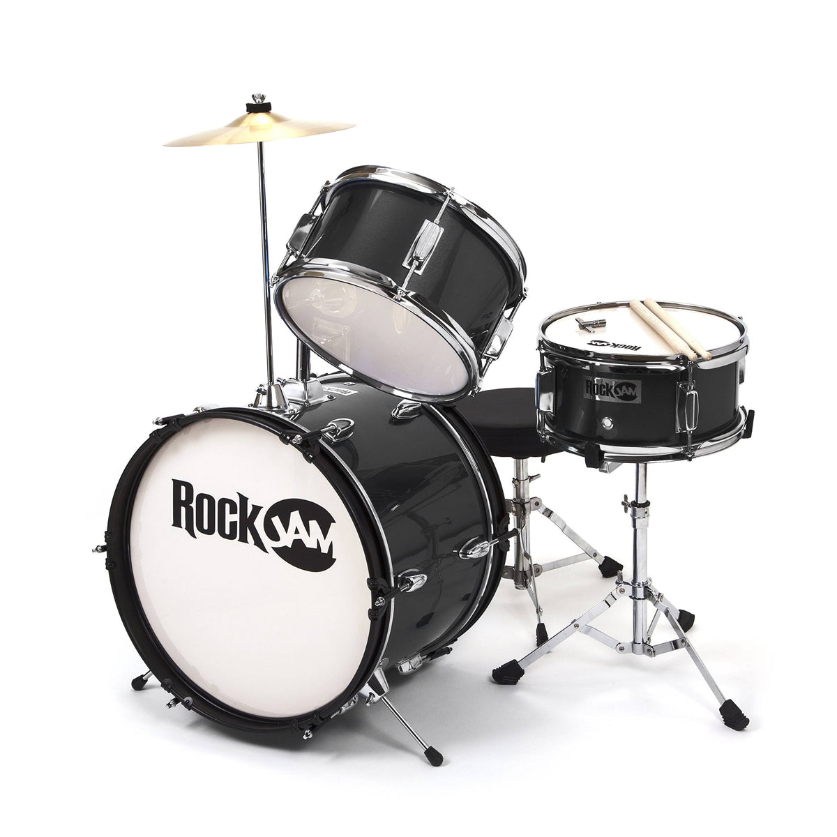 3-Piece Junior Drum Set with Crash Cymbal, Drumsticks, Adjustable Throne and Accessories, Black V92541