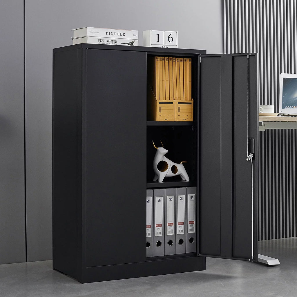 Black Lockable Foldable Steel Storage Cabinet with 2 Adjustable Shelves O4654