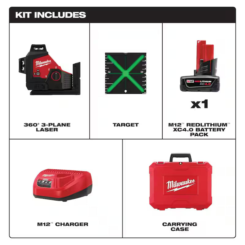12-Volt Cordless Green 3-Plane Laser Level Kit with 4.0 Ah Battery D60920