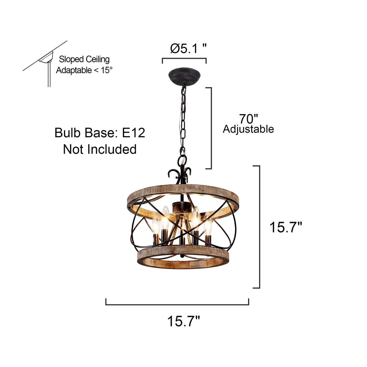 5-Light Rustic Pendant Light Adjustable Height Distressed Wood Caged Chandelier H27470