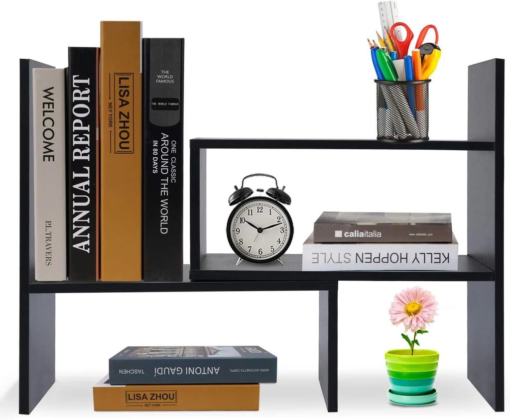 Wood Adjustable Desktop Storage Organizer Shelf Rack, Black G992218