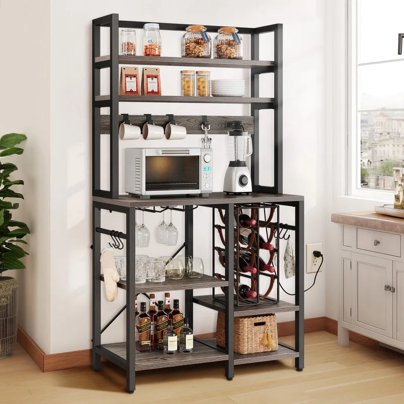 5 Tier Kitchen Bakers Rack with Power Outlet and Wine Rack Y86975