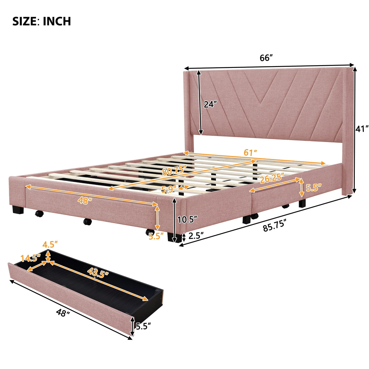 Queen Size Pink Linen Upholstered Platform Bed with 3 Storage Drawers Z18190