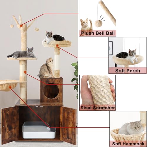 2-in-1 Wooden Cat Tree Tower with Litter Box Enclosure B998