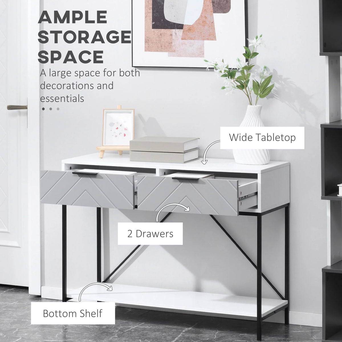 White Console Table with 2 Drawers and Open Shelf X811