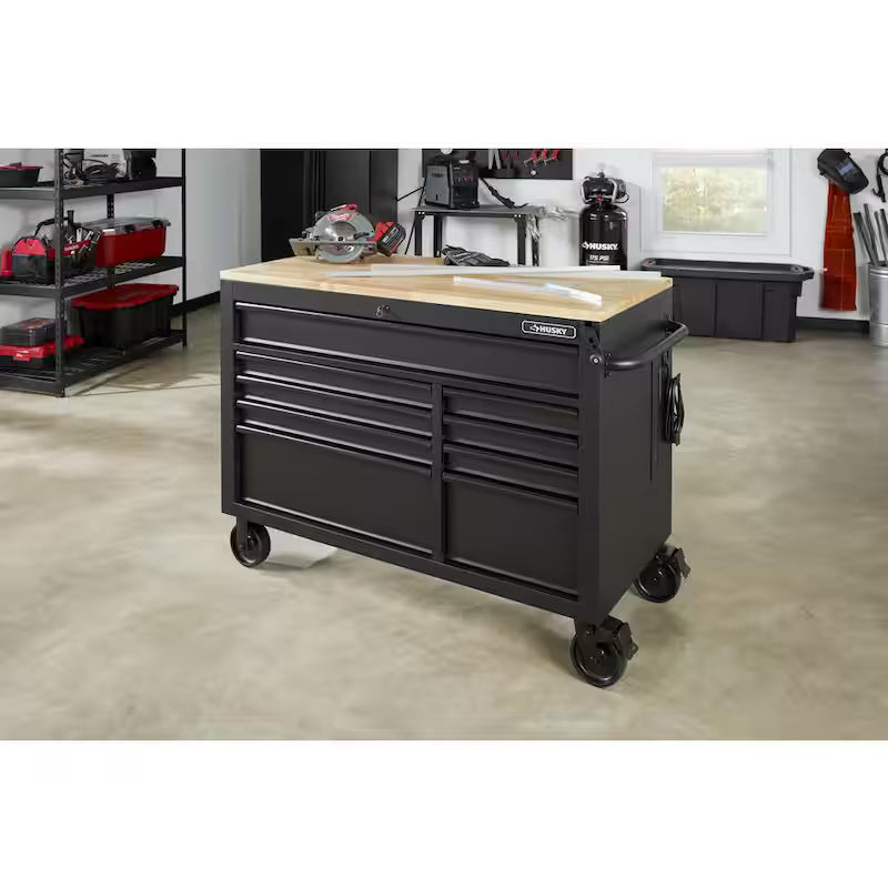 Heavy Duty 9-Drawer Mobile Workbench Cabinet with Hardwood Top in Matte Black N400