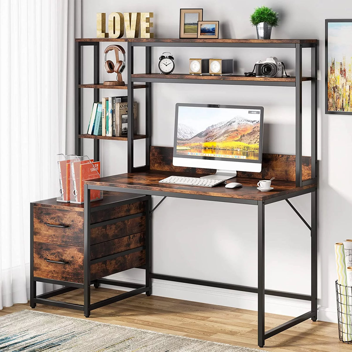 55 Inch Computer Desk with 2 Drawers and Storage Shelves T71411