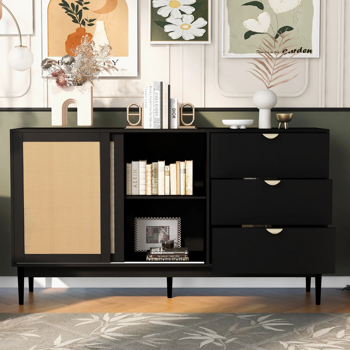 Black 3 Drawer Rattan Accent Cabinet I34480