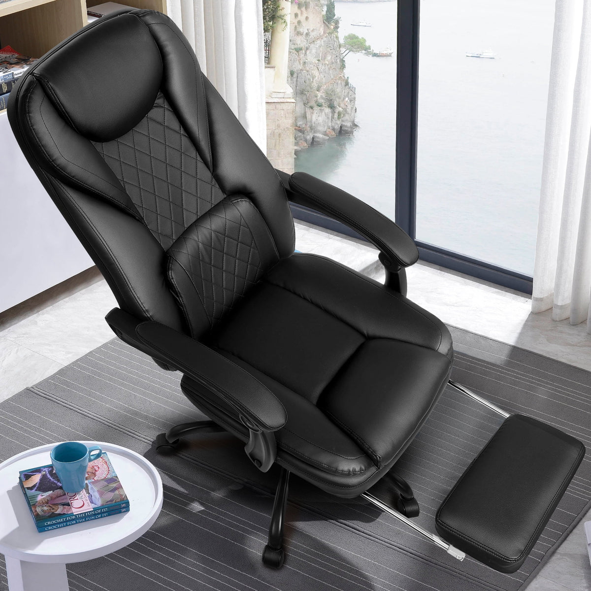 Big and Tall Black Leather Reclining Office Chair with Foot Rest M291