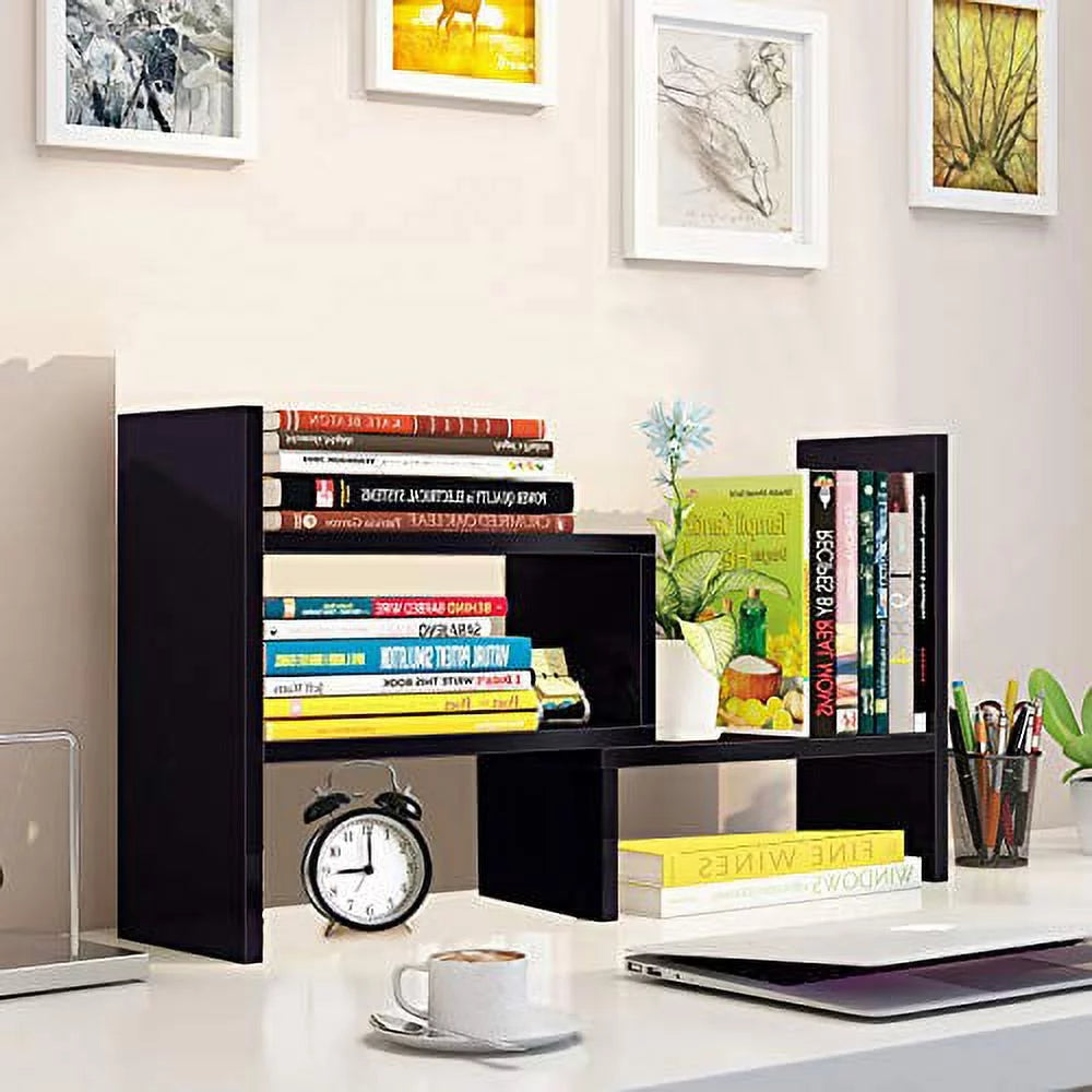 Wood Adjustable Desktop Storage Organizer Shelf Rack, Black G992218