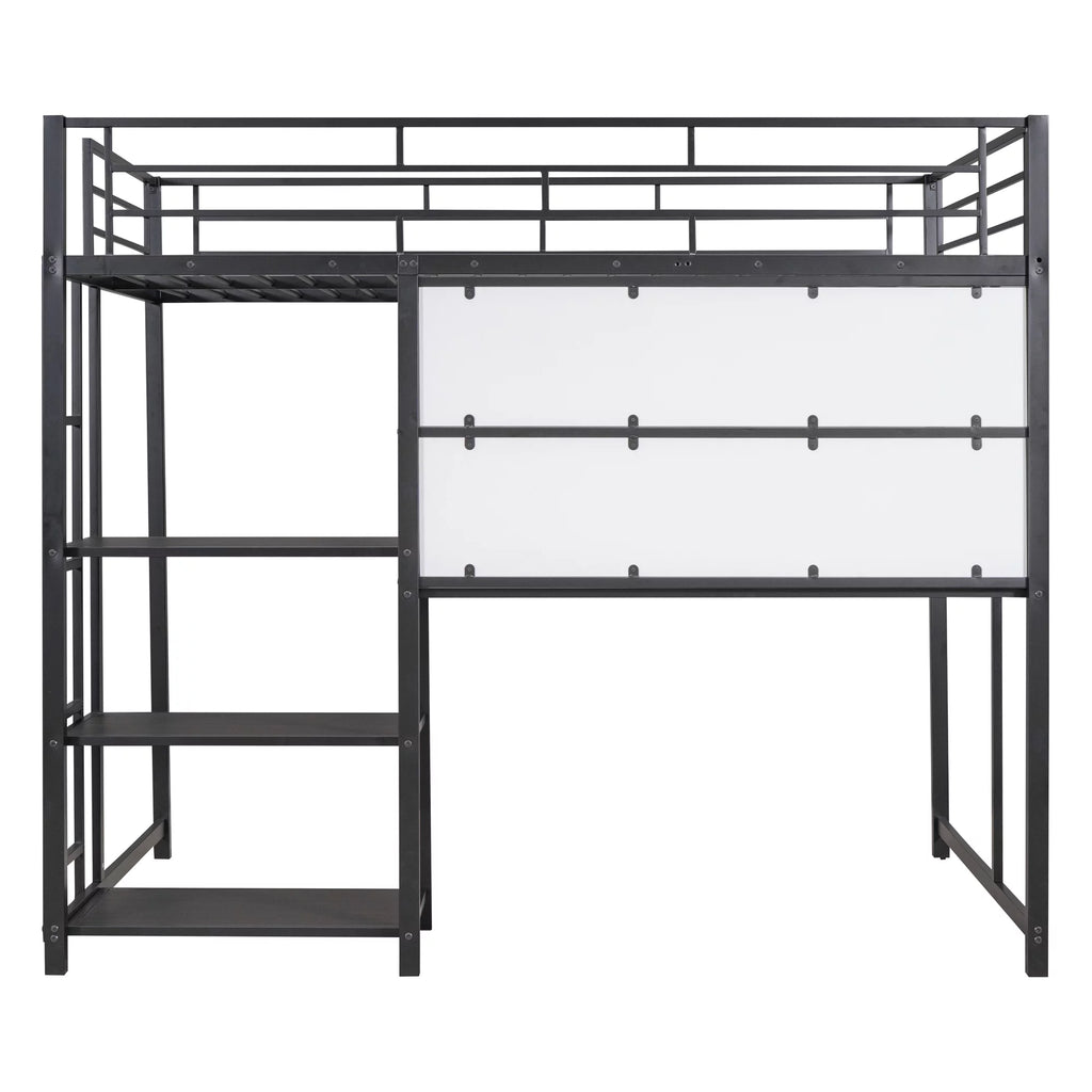 Full Size Black Metal Loft Bed with Desk and Whiteboard C523848