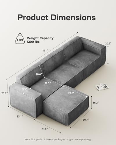 Oversized Deep U Shaped Modular Corduroy Sectional Sofa with Ottoman L724