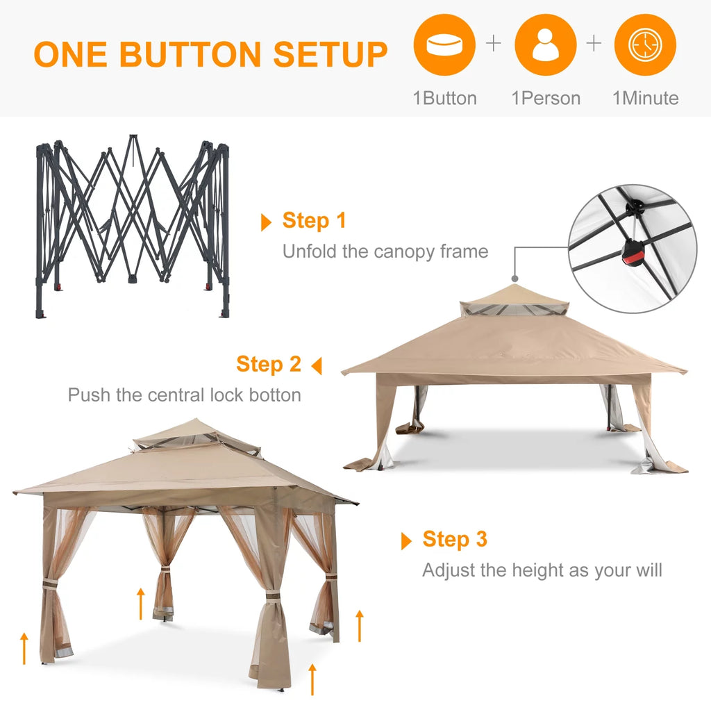 13'x13' Khaki Pop up Gazebo Canopy with Mosquito Netting B158095