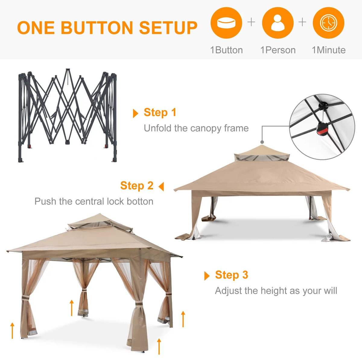13'x13' Khaki Pop up Gazebo Canopy with Mosquito Netting B158095